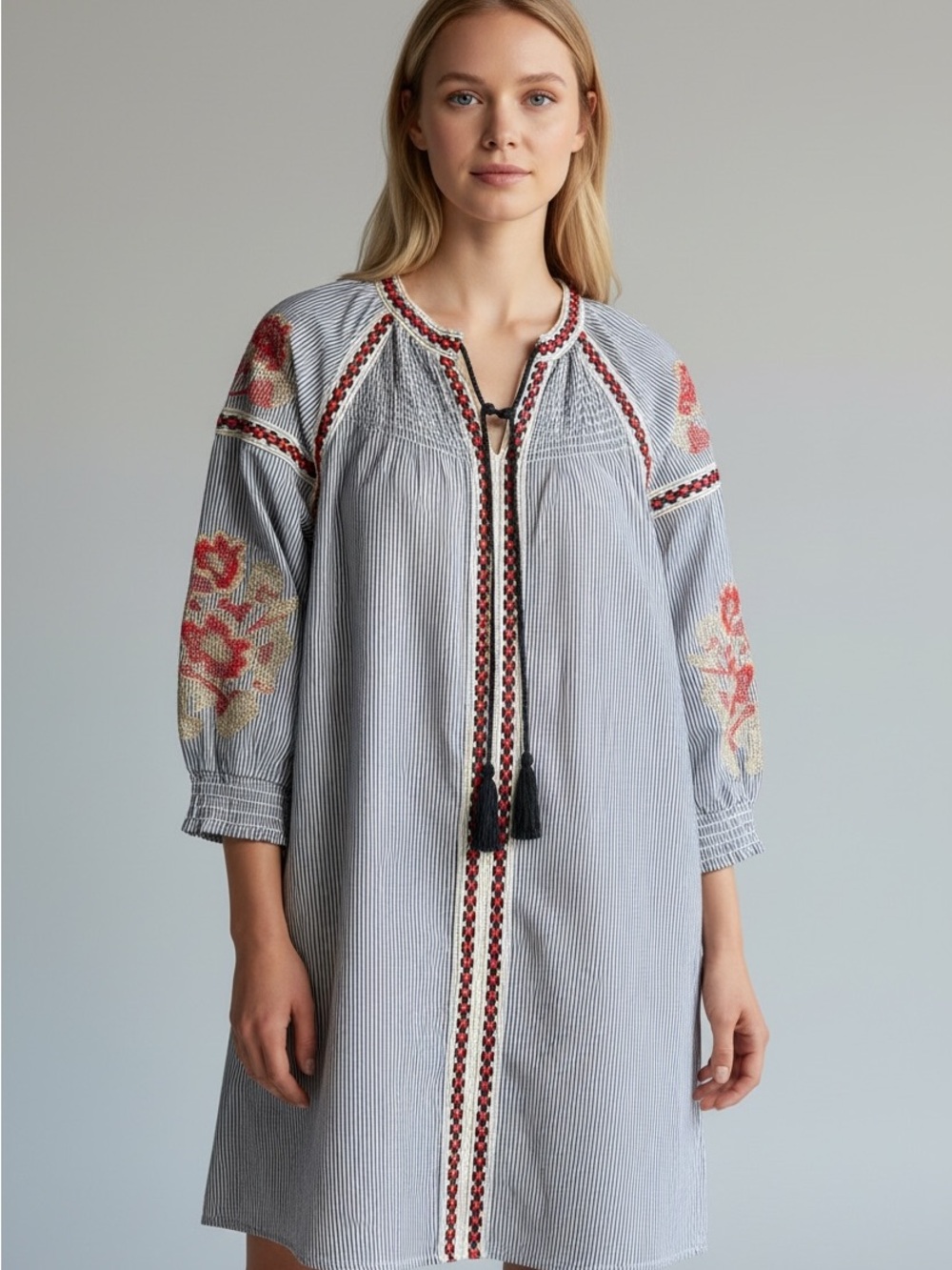 Signature Studio Blue White Striped Embroidered Boho Tunic Dress